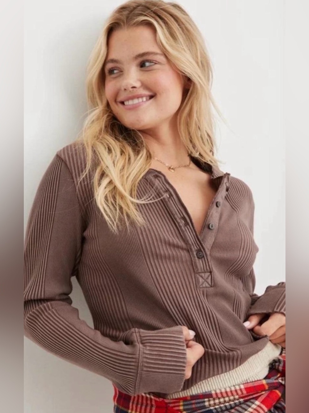 Aerie Road Trip Ribbed Henley Top Brown, size XL, like new!